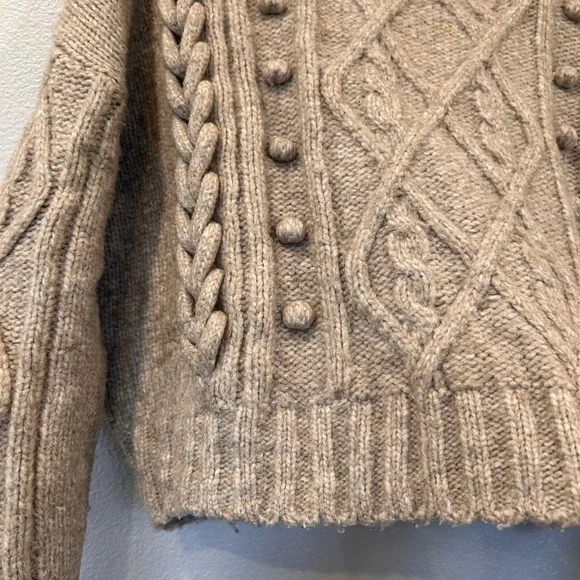 H&M Cable Knit Bobble Sweater Taupe Oatmeal Boxy Cropped Women's Small - Picture 5 of 7